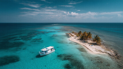 Secluded Tropical Island with Boat, Aerial View