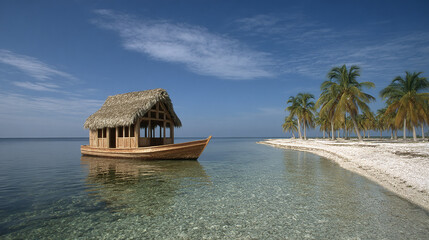Tropical Thatched Hut Boat House on Calm Ocean