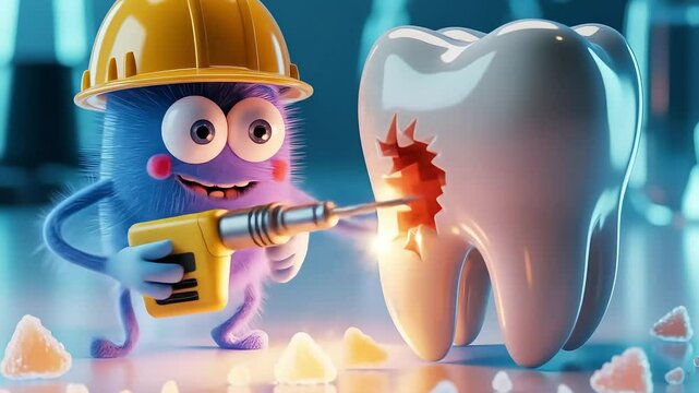 A cute cartoon germ in a hard hat mischievously drills a cavity into a molar, representing the damaging effects of sugar and bacteria