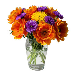 Vibrant Autumn Flower Bouquet: Orange, Purple, Yellow Chrysanthemums in Glass Vase
