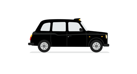 A black London taxi cab is displayed in a side view on a white background.