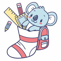 Chalkboard Fun themed SVG: Cheerful Blue koala with snuggled in a sock in a Back to school environment