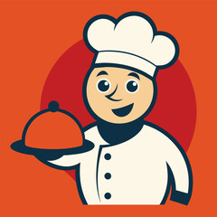 Cheerful Cartoon Chef Holding a Covered Platter Against an Orange Background with Red Circle Perfect for Restaurant Menus and Culinary Arts Design Projects