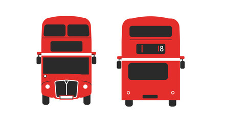 Two vibrant red double-decker buses, one front view and one back view, isolated.