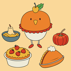 Cute Thanksgiving Food Character with Pumpkin Pie Strawberry Pie Pumpkin Pear Pudding and a Turkey with Apple on its Head
