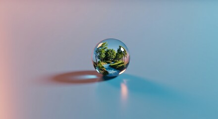 Crystal Sphere Reflecting Serene River Landscape with Lush Green Trees and Blue Sky