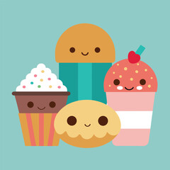 Cute Cartoon Dessert Illustration Featuring Cupcakes a Pie and a Drink on a Light Blue Background for Children s Books or Party Invitations