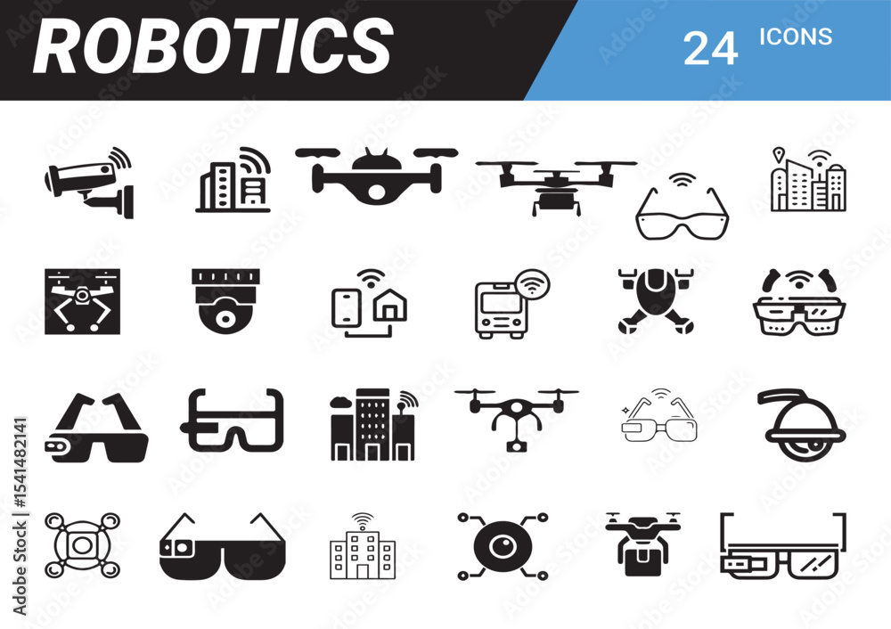Poster robotics icons: a set of twenty-four distinct robotics icons presents a variety of themes of drones,