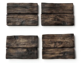 Four weathered wooden signs arranged in a grid,  isolated against a white background.  Each sign exhibits a dark brown, aged wood texture with visible knots and grain.  