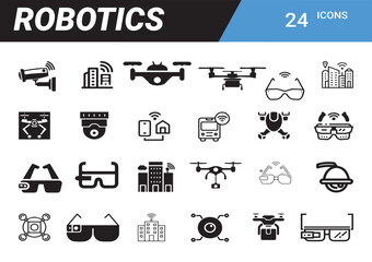 Robotics Icons: A set of twenty-four distinct robotics icons presents a variety of themes of drones, surveillance, and technology, rendered in crisp black and white on a clean canvas.