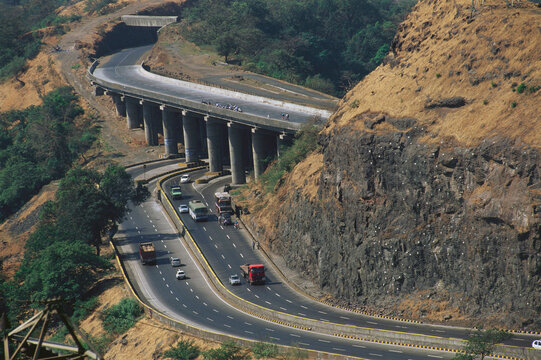 Aerial view of old and New Mumbai Pune expressway, Khandala, Maharashtra, India