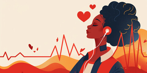 Woman listening to music with earphones and heart rate line background, peaceful expression, health awareness concept, warm color palette, minimalist style