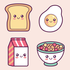 Cute Breakfast Food Icons Featuring Toast Fried Egg Cereal Bowl and Milk Carton with Kawaii Faces on a Light Pink Background for a Fun Design