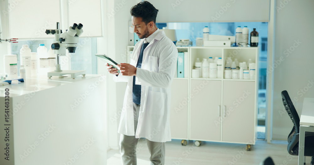 Poster Man, scientist and tablet in laboratory with scroll, review and check report with medical research. Person, typing and tech with pharmaceutical study, vaccine development and application for feedback