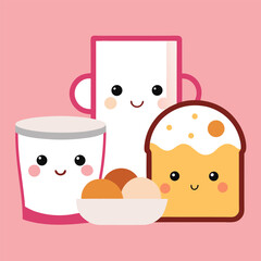 Cute Cartoon Breakfast Illustration Featuring a Glass of Milk a Tall Mug a Slice of Cake and a Bowl of Eggs on a Pink Background