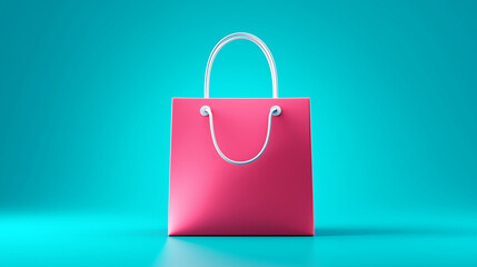 Rosa Einkaufstasche mit Griffen auf türkisfarbenem Hintergrund im minimalistischen Stil