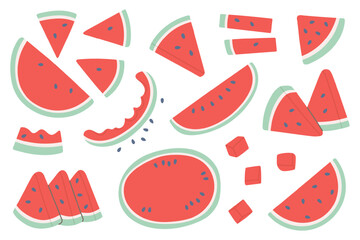 Flat vector illustration of watermelon slices and pieces in various shapes and cuts. Bright and playful summer-themed design perfect for seasonal, food, or tropical content.