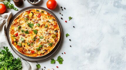 Mexican tortilla quesadilla with vegetables and cheese in plate on light gray background
