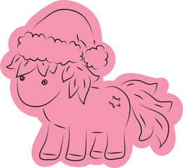 Cute little pony in a Christmas hat full length side view drawn with simple black curved lines and casually colored in pink
