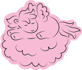 Cute little pegasus pony lying and sleeping on a cloud, drawn with simple black curved lines and casually colored in pink