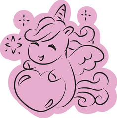 Cute happy little pegasus unicorn pony laughing happily and holding a big heart drawn with simple black curved lines and casually colored in purple