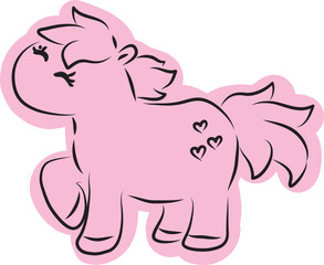 Cute happy little pony standing with one hoof raised, full length side view, drawn with simple black curved lines and casually colored in pink