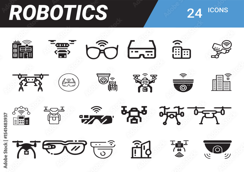 Poster robotics icons: a comprehensive collection of modern robotics icons, encompassing various aspects of
