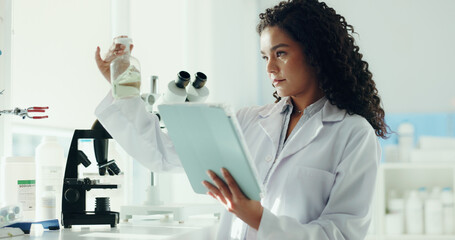 Chemical, woman and scientist in laboratory with tablet for medical research, project or study....