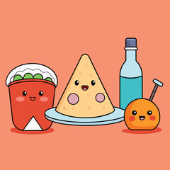 Cute Kawaii Food Characters Illustration Featuring a Pizza Slice Soda Salad and Orange Juice on a Salmon Colored Background for a Fun and Playful Design