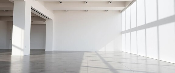Obraz premium Clean white wall, polished concrete floor, modern architectural lines, structure, surface