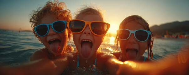 Teenage besties laughing at sunset beach for International Friendship Day concept. Three joyful kids making silly faces in sunglasses at sunset