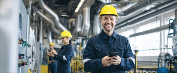 The smiling worker in a factory setting using a smartphone for communication.