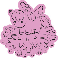 Cute little pegasus pony standing on a big snowflake, drawn with simple black curved lines and casually colored in purple