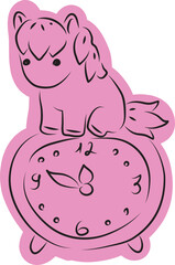 A cute little pony sits on a big clock showing the time almost 12, drawn with simple black curved lines and casually colored in pink