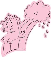 Cute little unicorn pony holding a magic wand and riding on a rainbow emerging from a rain cloud, drawn with simple black curved lines and casually colored in pink