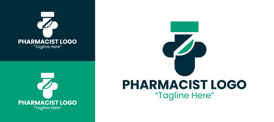Professional Green and Dark Blue Pharmacist Logo with Medical Icon for Healthcare Branding
