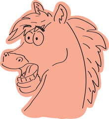Funny scared and surprised cartoon horse head with bulging eyes, drawn with simple black curved lines and casually colored in warm color