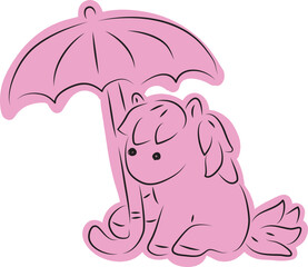A cute little pony sitting under a big umbrella and holding it, drawn with simple black curved lines and casually colored in pink