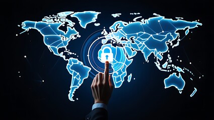 A hand interacts with a glowing blue digital world map showcasing global cybersecurity a padlock icon is centrally positioned indicating secure data protection and network safety the image