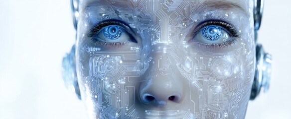The futuristic robot face with digital circuits and glowing blue eyes.