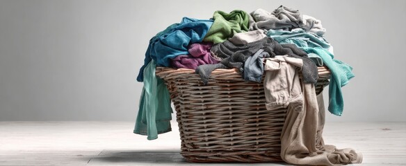 The overflowing laundry basket filled with colorful, crumpled clothes.