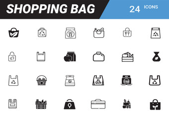 Icons of Shopping Bags: A graphic ensemble of 24 shopping bag icons, each meticulously designed in line art. These icons offer versatile representation for various design contexts. 