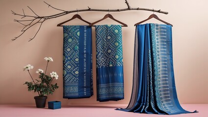 Minimalist Artistic Display of Elegant Indian Sarees in Shades of Blue and Teal with Traditional Patterns, Draped on Natural Tree Branch Hangers, Showcasing Textile Art and Cultural Fashion.