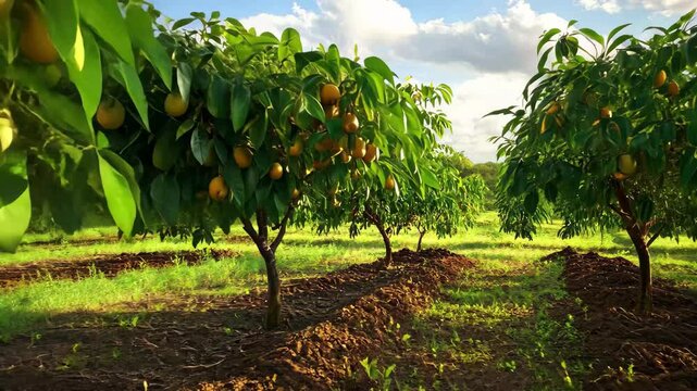 Mango trees flourishing in an Australian orchard plantation under a bright sky, Mango trees on farm orchard plantation Australia Northern Territory