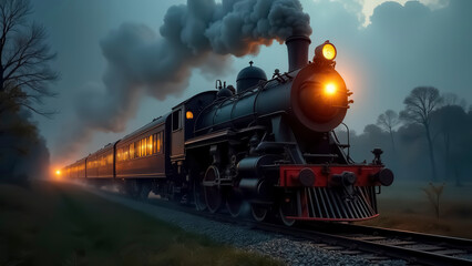 A vintage black steam locomotive rides on the rails in the evening, emitting smoke