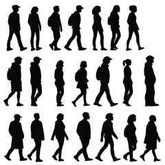 Collection of walking people silhouettes in various poses and wearing different clothing styles on white