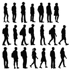 Diverse group of people silhouettes walking and standing in a row on a white background
