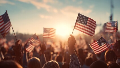 people waving American flags in celebration on the street
