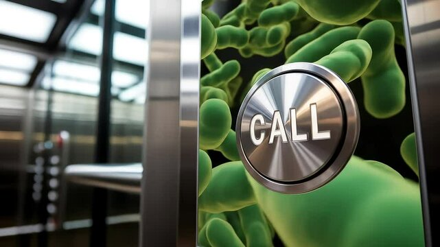 A conceptual animation shows an elevator call button teeming with green bacteria, highlighting germ transmission on high-touch public surfaces