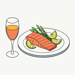 Illustration of Salmon Steak with Asparagus and Lime Slices Served on a Plate Next to a Glass of Orange Wine for a Delicious Meal